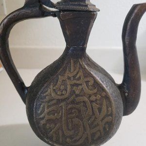 Vintage Heavy Cast Iron Unique Carvings On Tea Kettle With Handle and Hinged Lid